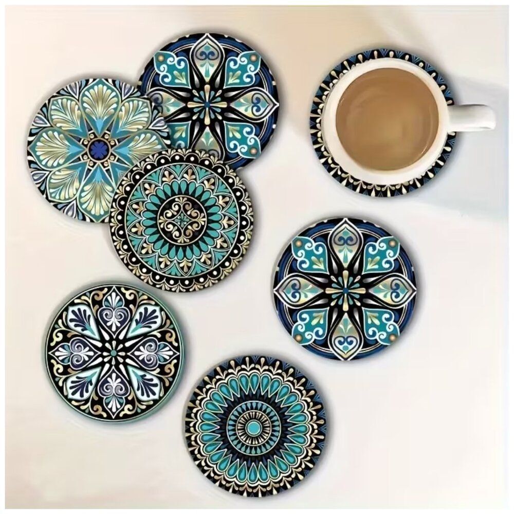 NWT Acrylic Mandala Coaster Set Blue Teal Boho Drink Coasters Table Decor 6Pc